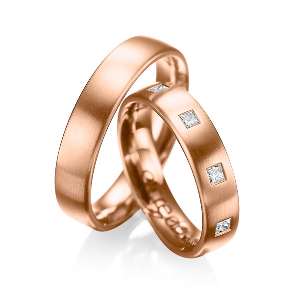 Paar klassische Trauringe/Eheringe in Rotgold 585 mit zus. 0,45 ct. Prinzess-Diamant tw, si von acredo - A-1004-6 Paar klassische Trauringe/Eheringe in Rotgold 585 mit zus. 0,45 ct. Prinzess-Diamant tw, si von acredo - A-1004-6