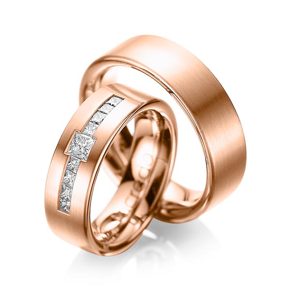 Paar klassische Trauringe/Eheringe in Rotgold 585 mit zus. 0,52 ct. Prinzess-Diamant tw, si von acredo - A-1050-6 Paar klassische Trauringe/Eheringe in Rotgold 585 mit zus. 0,52 ct. Prinzess-Diamant tw, si von acredo - A-1050-6