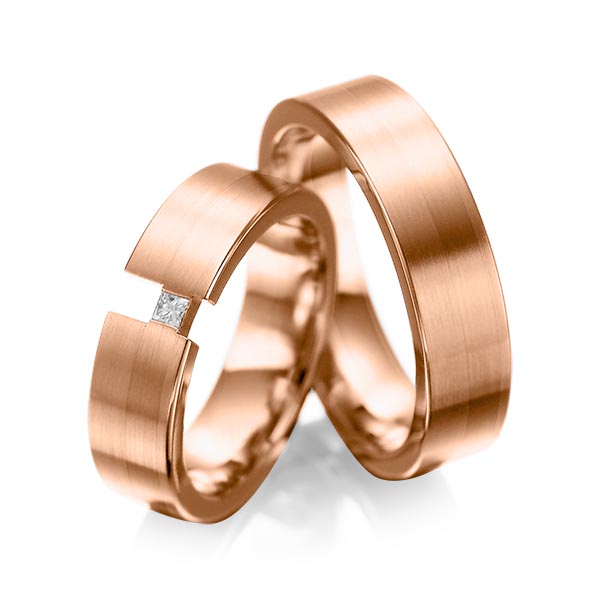 Paar klassische Trauringe/Eheringe in Rotgold 750 mit zus. 0,05 ct. Prinzess-Diamant tw, si von acredo - A-1025-16