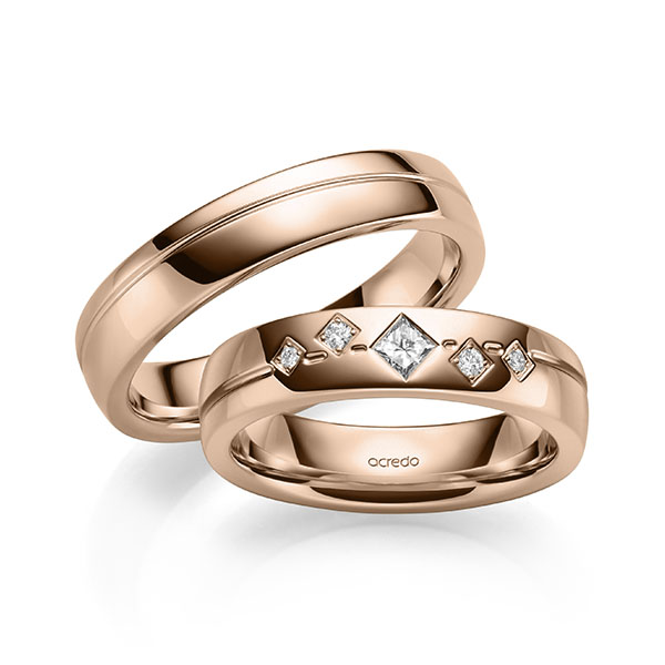 Paar klassische Trauringe/Eheringe in Rotgold 750 mit zus. 0,146 ct. Brillant & Prinzess-Diamant tw, si tw, vs von acredo - A-2127-4