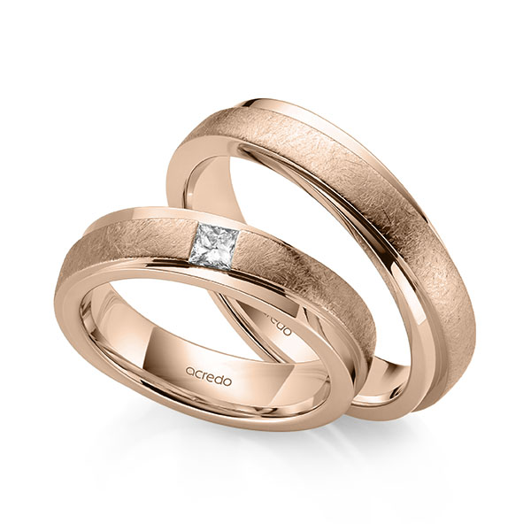Paar klassische Trauringe/Eheringe in Rotgold 750 mit zus. 0,15 ct. Prinzess-Diamant tw, si von acredo - A-2161-5