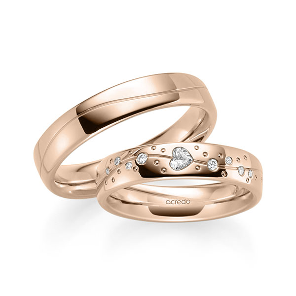 Paar klassische Trauringe/Eheringe in Rotgold 750 mit zus. 0,166 ct. Herz-Diamant & Brillant tw, vs von acredo - A-2192-4