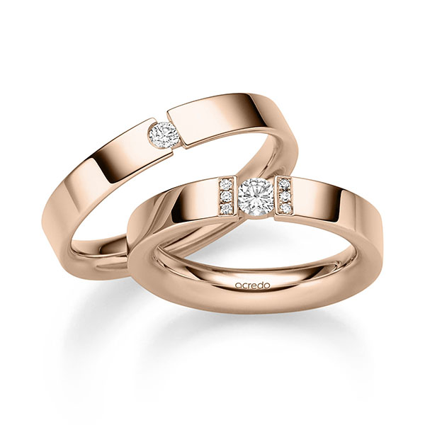 Paar klassische Trauringe/Eheringe in Rotgold 750 mit zus. 0,24 ct. Brillant tw, si von acredo