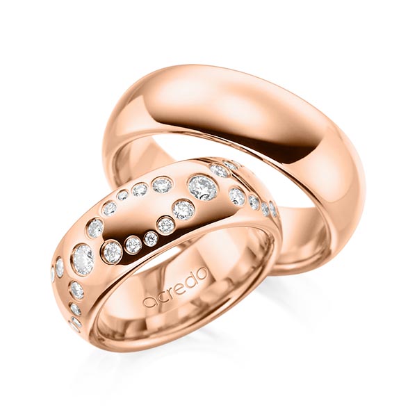 Paar klassische Trauringe/Eheringe in Rotgold 750 mit zus. 1,45 ct. Brillant tw, si von acredo - A-1257-4 Paar klassische Trauringe/Eheringe in Rotgold 750 mit zus. 1,45 ct. Brillant tw, si von acredo - A-1257-4