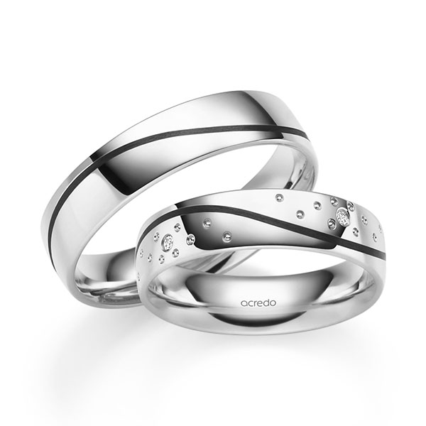 Paar klassische Trauringe/Eheringe in Weißgold 375 mit zus. 0,04 ct. Brillant tw, si von acredo - S-1306-6