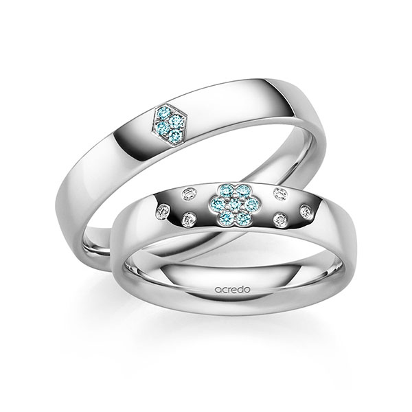 Paar klassische Trauringe/Eheringe in Weissgold 375 mit zus. 0,136 ct. Brillant tw, si iceblue von acredo - S-1361-1
