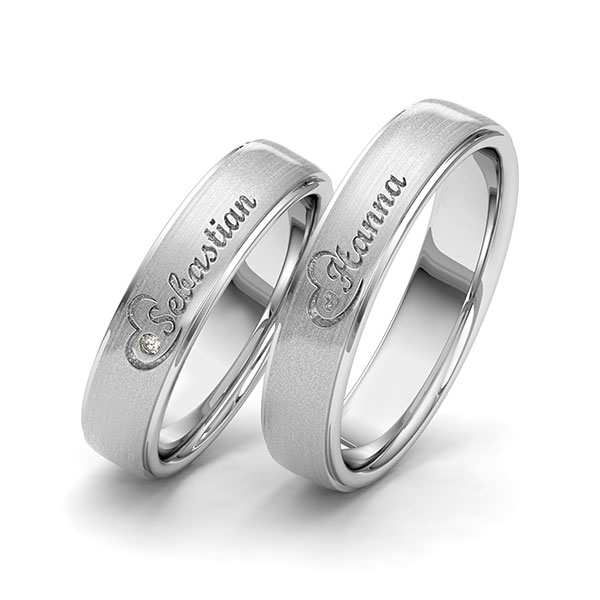 Paar klassische Trauringe/Eheringe in Weißgold 585 Herz mit zus. 0,01 ct. Brillant tw, si von 123GOLD