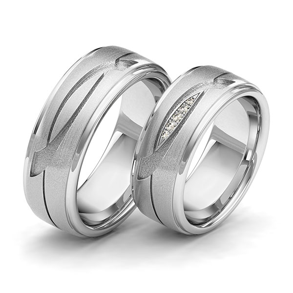 Paar klassische Trauringe/Eheringe in Weißgold 585 Laser Struktur mit zus. 0,04 ct. Brillant tw, si von 123GOLD