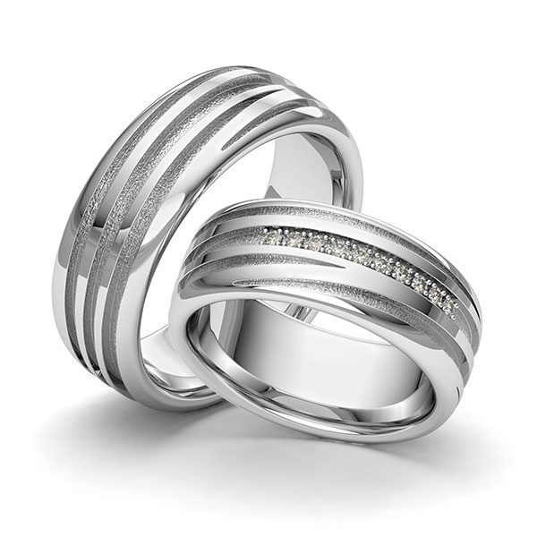 Paar klassische Trauringe/Eheringe in Weißgold 585 Laser Struktur mit zus. 0,09 ct. Brillant tw, si von 123GOLD