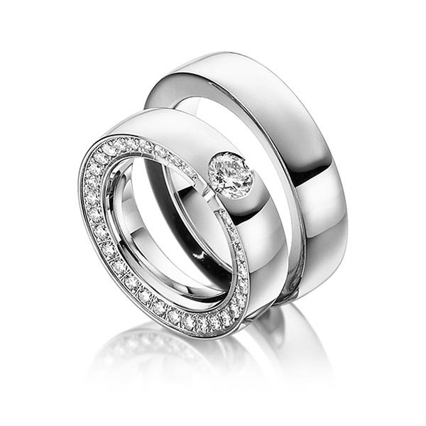 Paar klassische Trauringe/Eheringe in Weißgold 585 mit 0,5 ct. + zus. 0,9 ct. Brillant tw, si von Steinberg