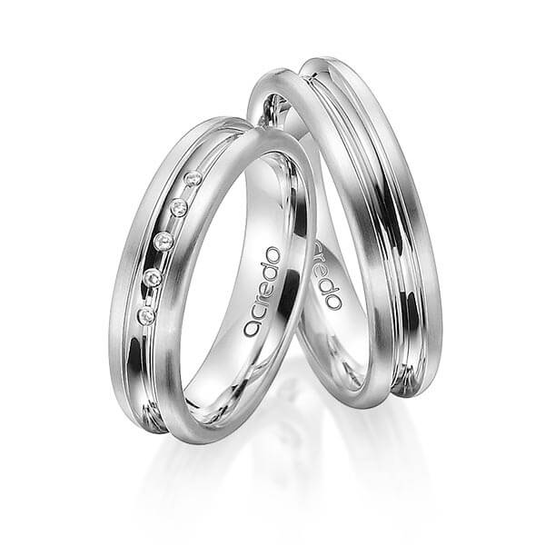 Paar klassische Trauringe/Eheringe in Weißgold 585 mit zus. 0,025 ct. Brillant tw, si von acredo