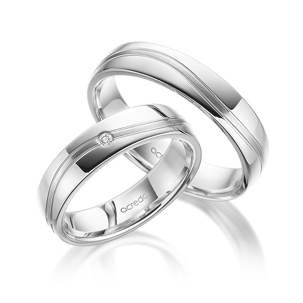 Paar klassische Trauringe/Eheringe in Weissgold 585 mit zus. 0,02 ct. Brillant tw, si von acredo - A-1702-4 Paar klassische Trauringe/Eheringe in Weissgold 585 mit zus. 0,02 ct. Brillant tw, si von acredo - A-1702-4