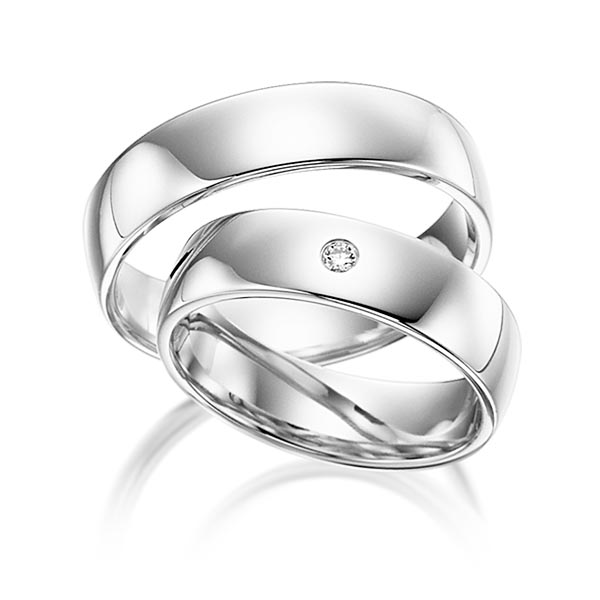 Paar klassische Trauringe/Eheringe in Weißgold 585 mit zus. 0,02 ct. Brillant tw, si von acredo