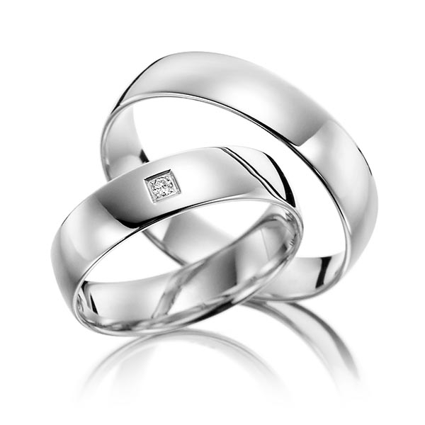 Paar klassische Trauringe/Eheringe in Weissgold 585 mit zus. 0,02 ct. Brillant tw, vs - NP-1177-1