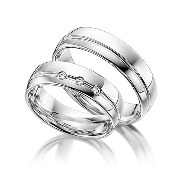 Paar klassische Trauringe/Eheringe in Weißgold 585 mit zus. 0,045 ct. Brillant tw, si von acredo - S-1097-4