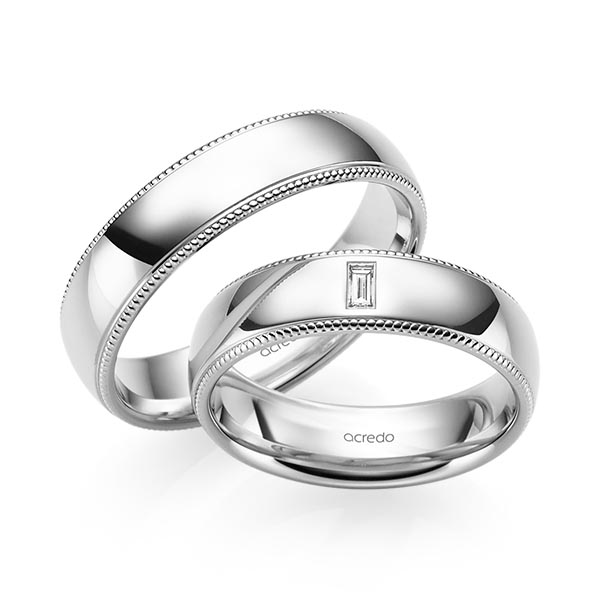 Paar klassische Trauringe/Eheringe in Weißgold 585 mit zus. 0,05 ct. Baguette-Diamant tw, vs von acredo
