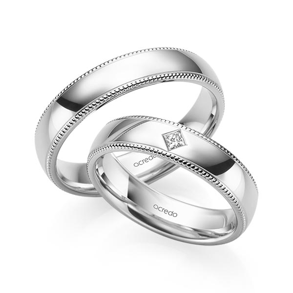 Paar klassische Trauringe/Eheringe in Weißgold 585 mit zus. 0,05 ct. Prinzess-Diamant tw, si von acredo - S-1240-4 Paar klassische Trauringe/Eheringe in Weißgold 585 mit zus. 0,05 ct. Prinzess-Diamant tw, si von acredo - S-1240-4