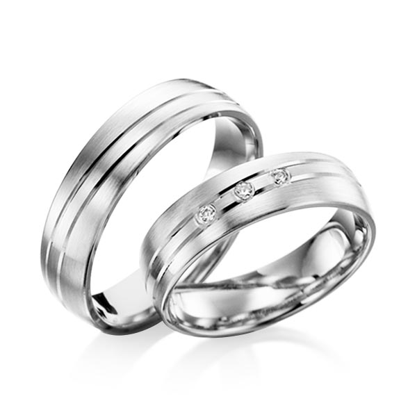 Paar klassische Trauringe/Eheringe in Weissgold 585 mit zus. 0,06 ct. Brillant tw, si - NP-1037-3