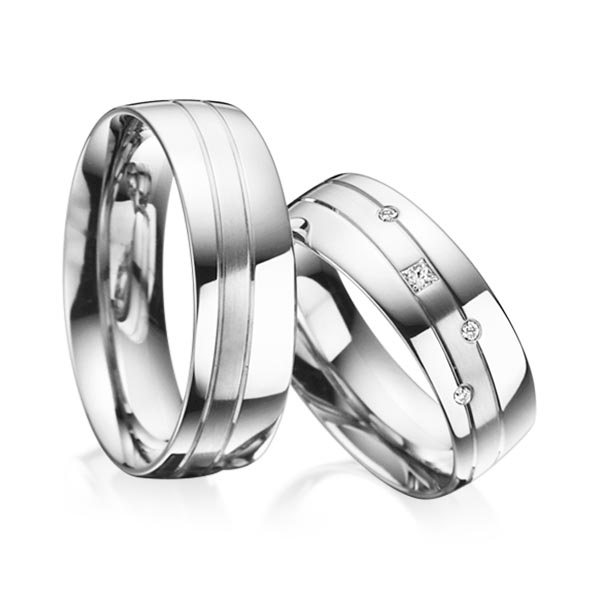 Paar klassische Trauringe/Eheringe in Weissgold 585 mit zus. 0,07 ct. Prinzess-Diamant & Brillant tw, si von acredo - A-3019-10 Paar klassische Trauringe/Eheringe in Weissgold 585 mit zus. 0,07 ct. Prinzess-Diamant & Brillant tw, si von acredo - A-3019-10