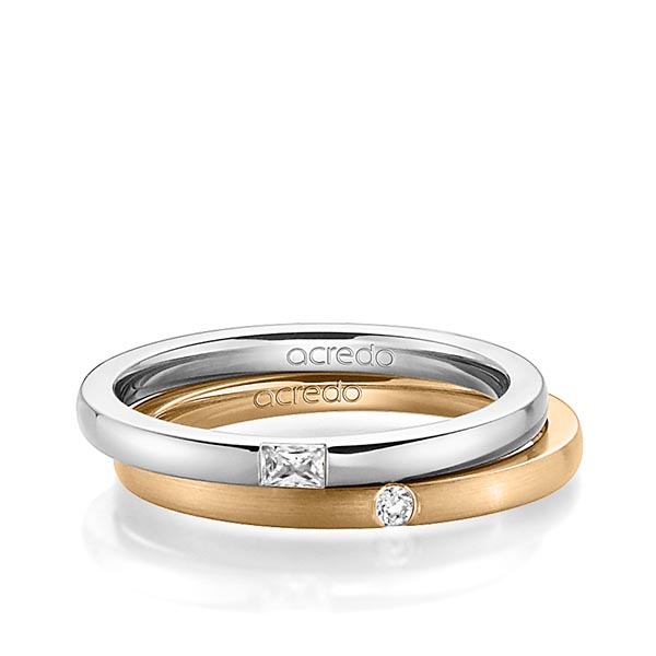 Paar klassische Trauringe/Eheringe in Weissgold 585 mit zus. 0,095 ct. Baguette-Diamant & Brillant tw, vs tw, si von acredo