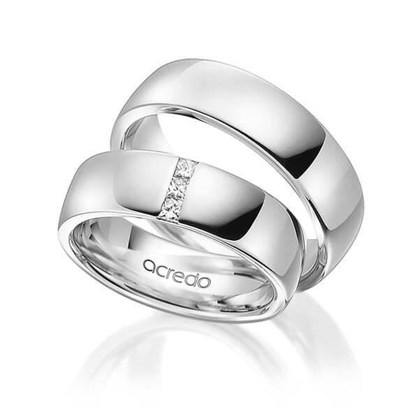 Paar klassische Trauringe/Eheringe in Weissgold 585 mit zus. 0,09 ct. Prinzess-Diamant tw, si von acredo