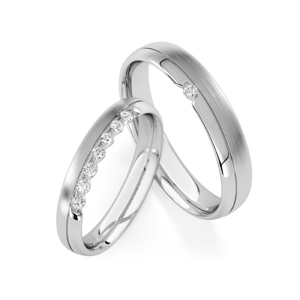 Paar klassische Trauringe/Eheringe in Weißgold 585 mit zus. 0,16 ct. tw, vs von Steinberg
