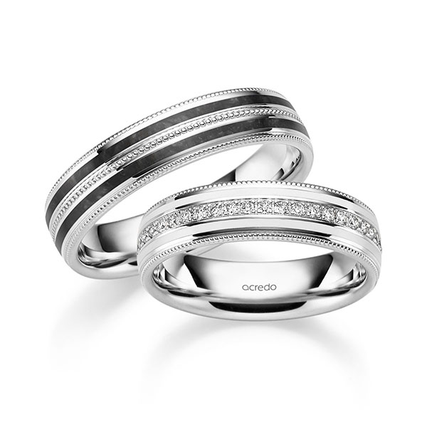 Paar klassische Trauringe/Eheringe in Weißgold 585 mit zus. 0,192 ct. Brillant tw, si von acredo