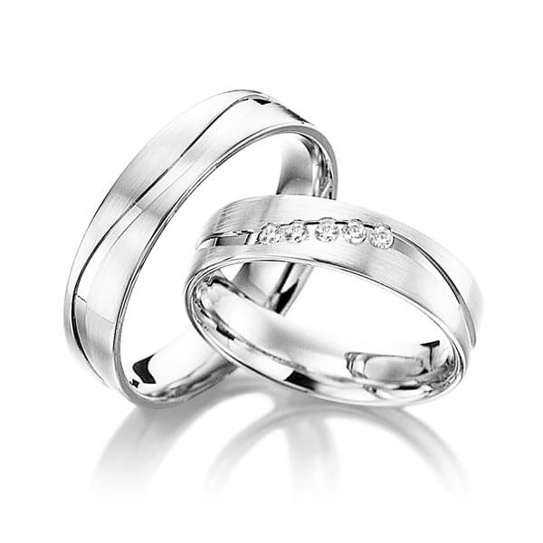 Paar klassische Trauringe/Eheringe in Weissgold 585 mit zus. 0,1 ct. Brillant tw, si - NP-1036-3