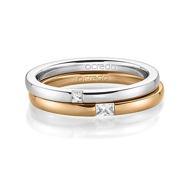 Paar klassische Trauringe/Eheringe in Weißgold 585 mit zus. 0,1 ct. Prinzess-Diamant & Baguette-Diamant tw, si tw, vs von acredo