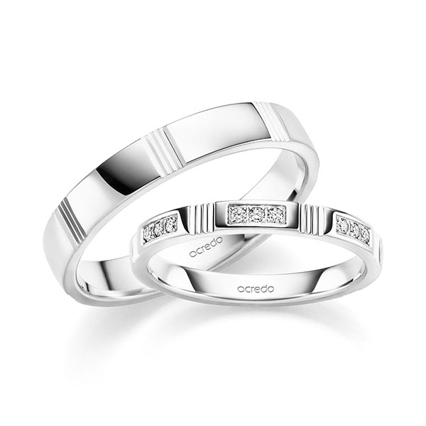 Paar klassische Trauringe/Eheringe in Weißgold 585 mit zus. 0,21 ct. Brillant tw, si von acredo