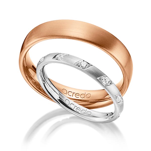 Paar klassische Trauringe/Eheringe in Weißgold 585 mit zus. 0,22 ct. Brillant tw, si von acredo