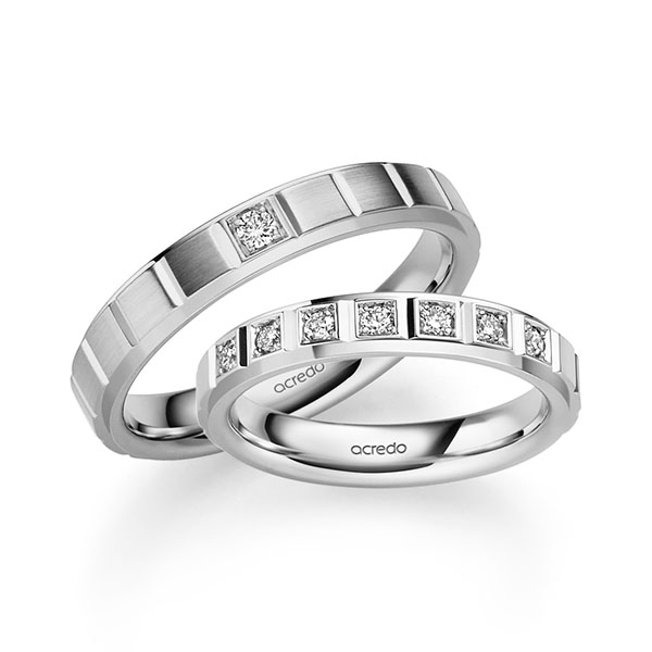 Paar klassische Trauringe/Eheringe in Weißgold 585 mit zus. 0,2 ct. Brillant tw, si von acredo