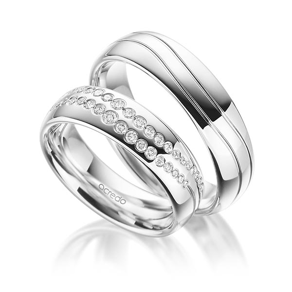 Paar klassische Trauringe/Eheringe in Weißgold 585 mit zus. 0,394 ct. Brillant tw, si von acredo - A-1714-1