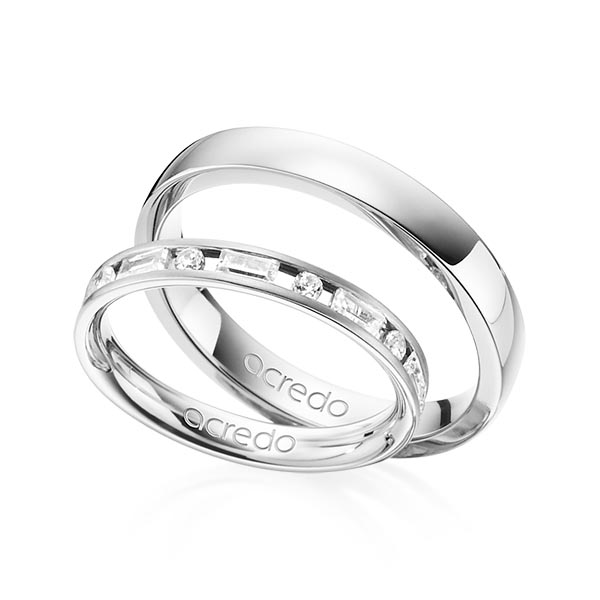 Paar klassische Trauringe/Eheringe in Weissgold 585 mit zus. 0,765 ct. Baguette-Diamant & Brillant tw, vs tw, si von acredo - A-1377-1 Paar klassische Trauringe/Eheringe in Weissgold 585 mit zus. 0,765 ct. Baguette-Diamant & Brillant tw, vs tw, si von acredo - A-1377-1