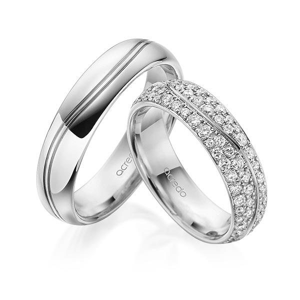 Paar klassische Trauringe/Eheringe in Weissgold 585 mit zus. 1,506 ct. Brillant tw, si von acredo