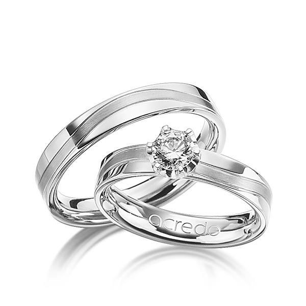 Paar klassische Trauringe/Eheringe in Weißgold 750 mit 0,4 ct. Brillant tw, si von acredo