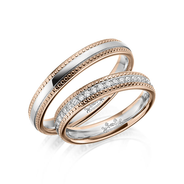 Pair bicolor memoire- wedding bands in Red gold 14K (585/1000) White gold 14K (585/1000) half set with diamonds with in total 0,21 ct. brilliant tw,si by Steinberg - Q-1639-3 Pair bicolor memoire- wedding bands in Red gold 14K (585/1000) White gold 14K (585/1000) half set with diamonds with in total 0,21 ct. brilliant tw,si by Steinberg - Q-1639-3
