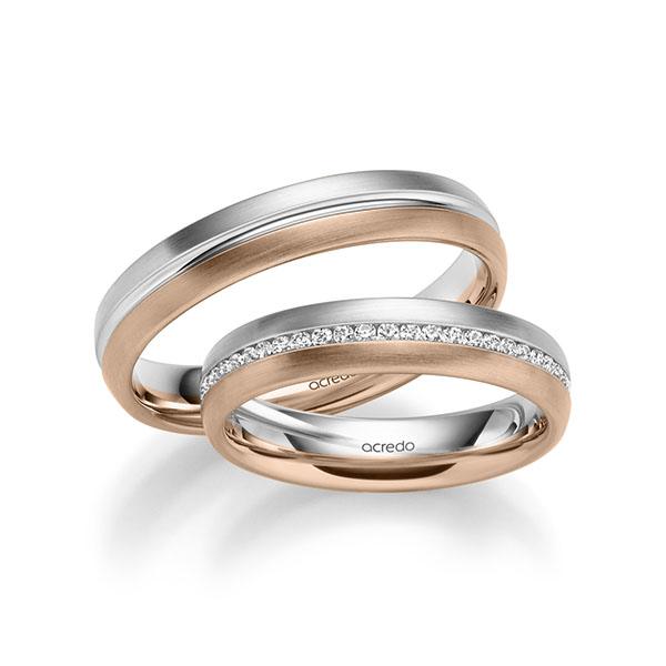 Pair bicolor memoire- wedding bands in White gold 14K (585/1000) Red gold 14K (585/1000) completely set with diamonds with in total 0,392 ct. brilliant tw,si by acredo - A-1031-16 Pair bicolor memoire- wedding bands in White gold 14K (585/1000) Red gold 14K (585/1000) completely set with diamonds with in total 0,392 ct. brilliant tw,si by acredo - A-1031-16