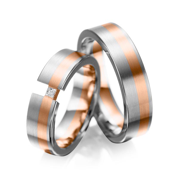 Pair bicolor wedding bands in Gray gold 14K (585/1000) Red gold 14K (585/1000) with in total 0,05 ct. princess diamond tw,si by acredo - A-1025-10 Pair bicolor wedding bands in Gray gold 14K (585/1000) Red gold 14K (585/1000) with in total 0,05 ct. princess diamond tw,si by acredo - A-1025-10