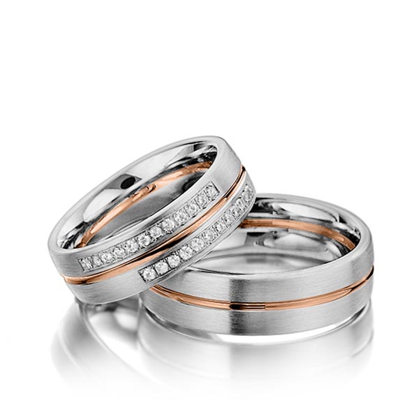 Pair bicolor wedding bands in Gray gold 14K (585/1000) Red gold 14K (585/1000) with in total 0,192 ct. brilliant tw,si by Eternal Touch - Y-1220-10 Pair bicolor wedding bands in Gray gold 14K (585/1000) Red gold 14K (585/1000) with in total 0,192 ct. brilliant tw,si by Eternal Touch - Y-1220-10