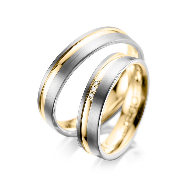 Pair bicolor wedding bands in Gray gold 14K (585/1000) Yellow gold 14K (585/1000) with in total 0,015 ct. brilliant tw,si by acredo - A-1039-9 Pair bicolor wedding bands in Gray gold 14K (585/1000) Yellow gold 14K (585/1000) with in total 0,015 ct. brilliant tw,si by acredo - A-1039-9
