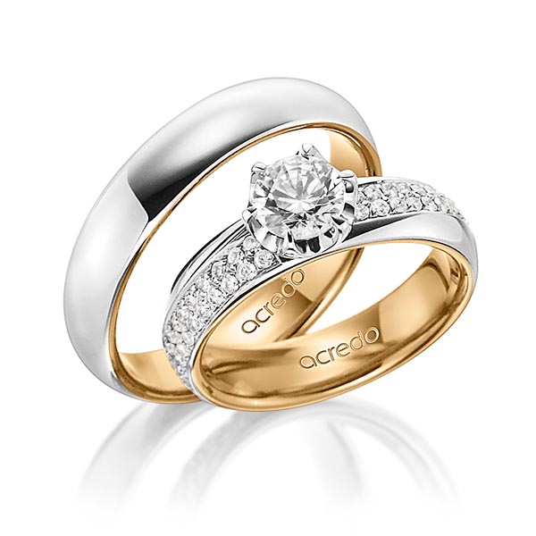 Pair bicolor wedding bands in outside Platinum 950 , inside Rosé gold 18K (750/1000) with 0,7 ct. + in total 0,672 ct. brilliant tw,vs tw,si by acredo - A-1499-9 Pair bicolor wedding bands in outside Platinum 950 , inside Rosé gold 18K (750/1000) with 0,7 ct. + in total 0,672 ct. brilliant tw,vs tw,si by acredo - A-1499-9