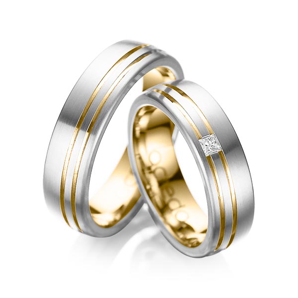 Pair bicolor wedding bands in outside Platinum 950 , inside Yellow gold 18K (750/1000) with in total 0,05 ct. princess diamond tw,si by acredo - A-1040-8 Pair bicolor wedding bands in outside Platinum 950 , inside Yellow gold 18K (750/1000) with in total 0,05 ct. princess diamond tw,si by acredo - A-1040-8