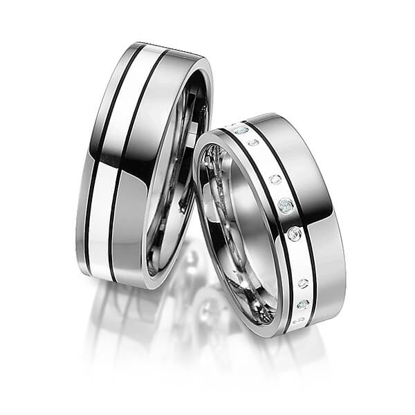 Pair bicolor wedding bands in Palladium 585 Sterling silver 925 with in total 0,06 ct. brilliant tw,vs iceblue by Merii - M-1164-1 Pair bicolor wedding bands in Palladium 585 Sterling silver 925 with in total 0,06 ct. brilliant tw,vs iceblue by Merii - M-1164-1