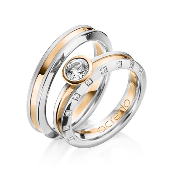 Pair bicolor wedding bands in Platinum 950 Rosé gold 18K (750/1000) with 0,5 ct. + in total 0,09 ct. brilliant tw,vs by acredo - A-1200-1 Pair bicolor wedding bands in Platinum 950 Rosé gold 18K (750/1000) with 0,5 ct. + in total 0,09 ct. brilliant tw,vs by acredo - A-1200-1