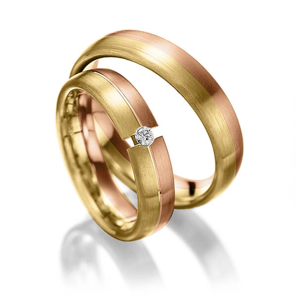 Pair bicolor wedding bands in Red gold 9K (375/1000) Yellow gold 9K (375/1000) with in total 0,05 ct. brilliant tw,si by Steinberg - Q-1244-7 Pair bicolor wedding bands in Red gold 9K (375/1000) Yellow gold 9K (375/1000) with in total 0,05 ct. brilliant tw,si by Steinberg - Q-1244-7