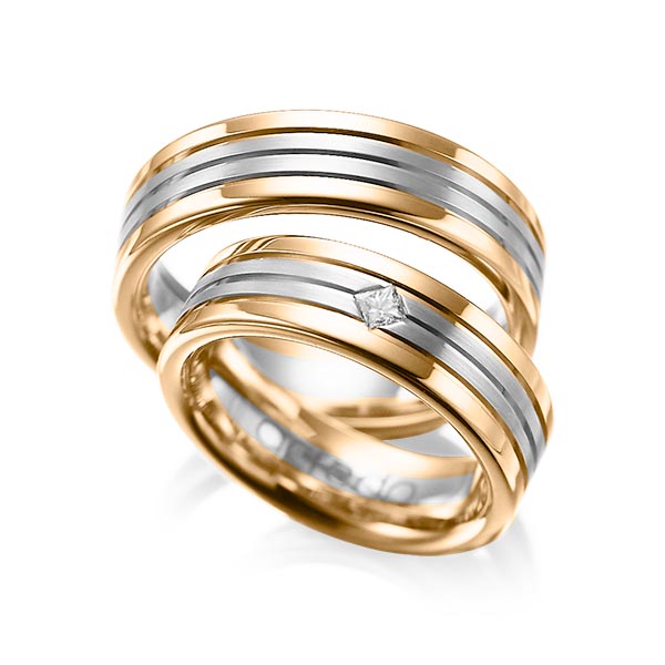 Pair bicolor wedding bands in Rosé gold 14K (585/1000) Gray gold 14K (585/1000) with in total 0,08 ct. princess diamond tw,si by acredo - A-1023-2 Pair bicolor wedding bands in Rosé gold 14K (585/1000) Gray gold 14K (585/1000) with in total 0,08 ct. princess diamond tw,si by acredo - A-1023-2