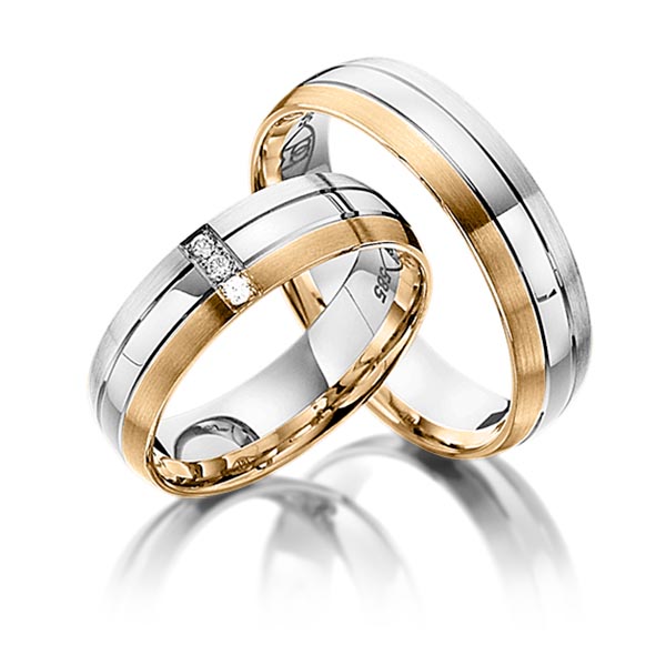 Pair bicolor wedding bands in White gold 14K (585/1000) Rosé gold 14K (585/1000) with in total 0,03 ct. brilliant tw,si by Steinberg - Q-1051-3 Pair bicolor wedding bands in White gold 14K (585/1000) Rosé gold 14K (585/1000) with in total 0,03 ct. brilliant tw,si by Steinberg - Q-1051-3