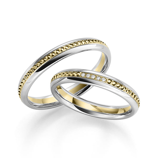 Pair bicolor wedding bands in White gold 14K 585 1000 Yellow