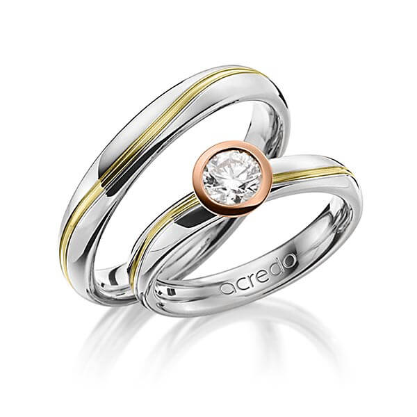 Pair bicolor wedding bands in White gold 18K (750/1000) Green gold 18K (750/1000) with 0,5 ct. brilliant r,if by acredo - A-1256-1 Pair bicolor wedding bands in White gold 18K (750/1000) Green gold 18K (750/1000) with 0,5 ct. brilliant r,if by acredo - A-1256-1